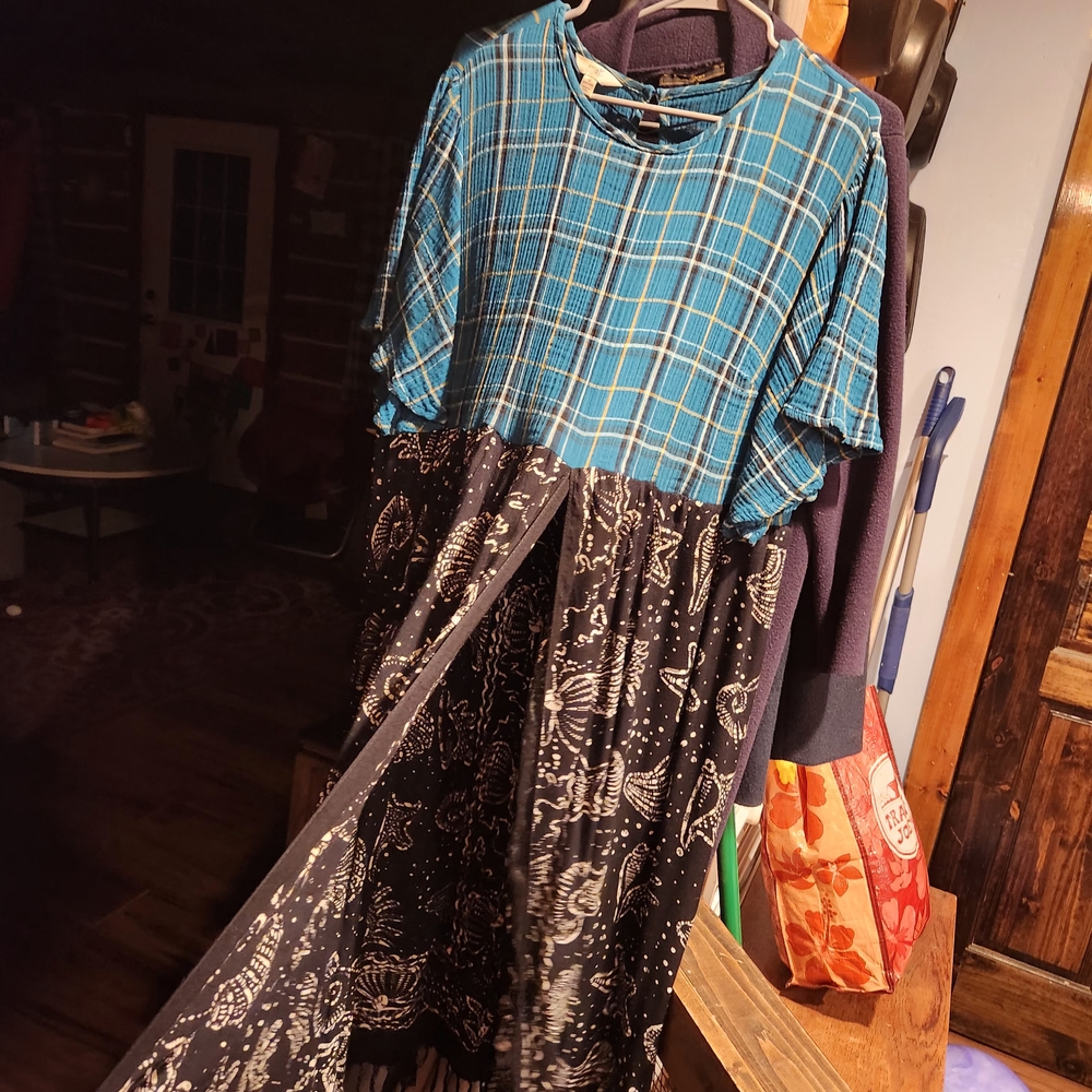 Home Crafted- Terra & Sky Top, Cover Up. Sewn Into Dress Style Cover Up